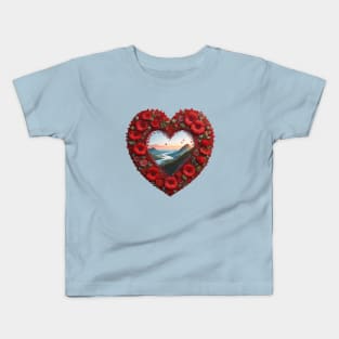 Red Flower Heart Shaped Frame With Landscape Kids T-Shirt